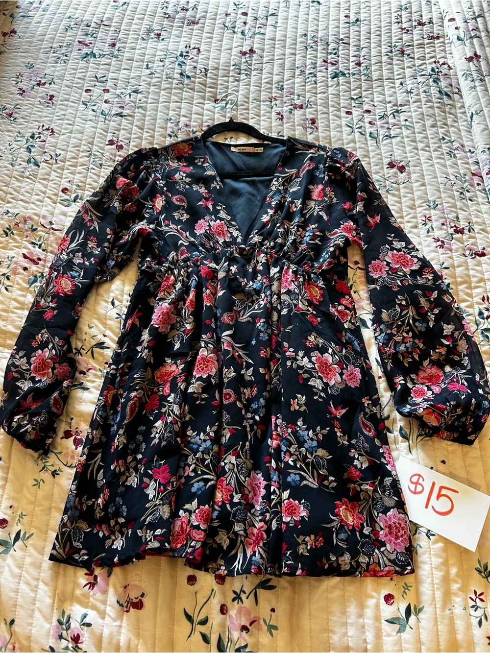 Black Long-Sleeve Floral Mini Dress with Pink Blooms